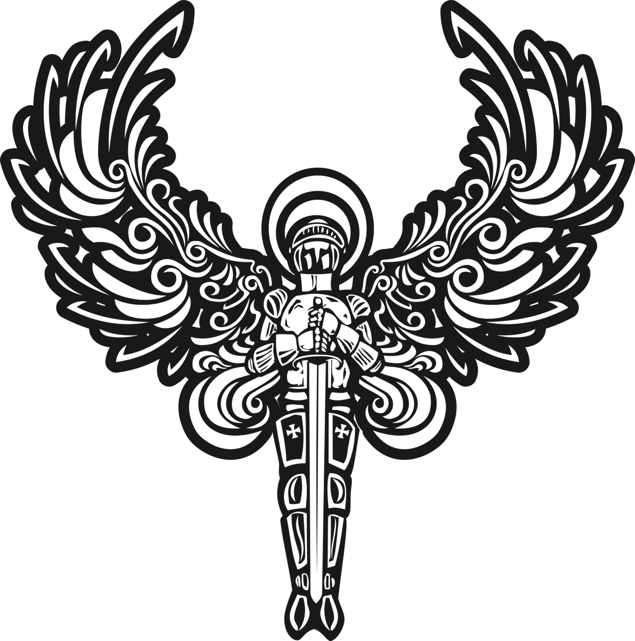 a cross with wings on a black background, inspired by Giger, art nouveau, hero shot, possibly an angel, art nouveau pattern, biker