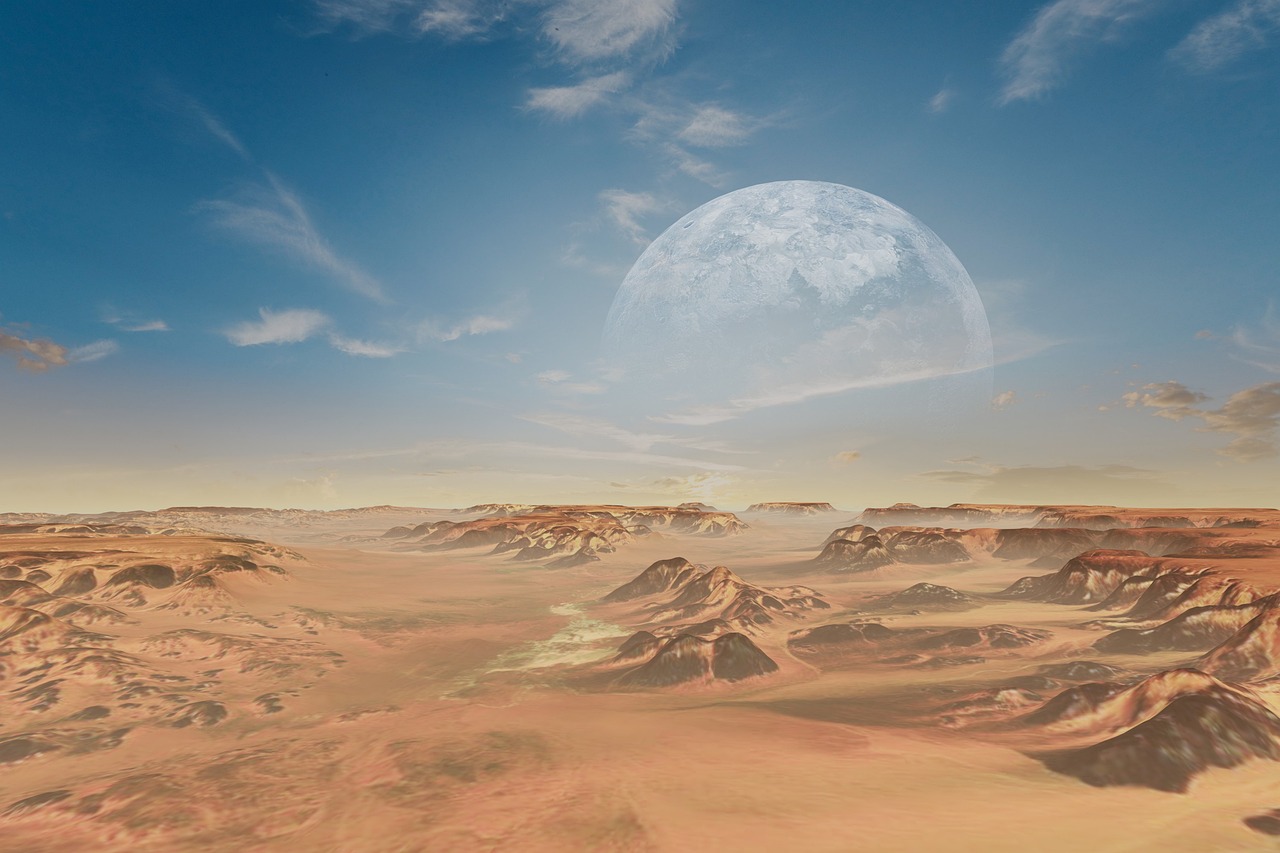 a desert landscape with a full moon in the distance, trending on cg society, digital art, mars invasion 2 0 3 3 - 2 0 4 2, barsoom, terragen, stunning screensaver