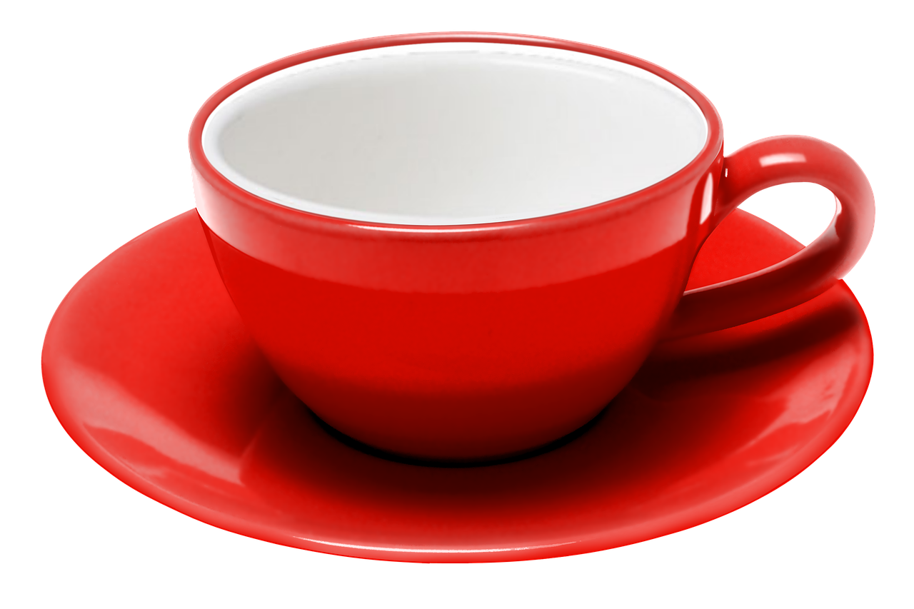 a red cup and saucer on a saucer, a digital rendering, inspired by Slava Raškaj, pixabay, cobra, * colour splash *, very crisp details, round-cropped, high detail product photo