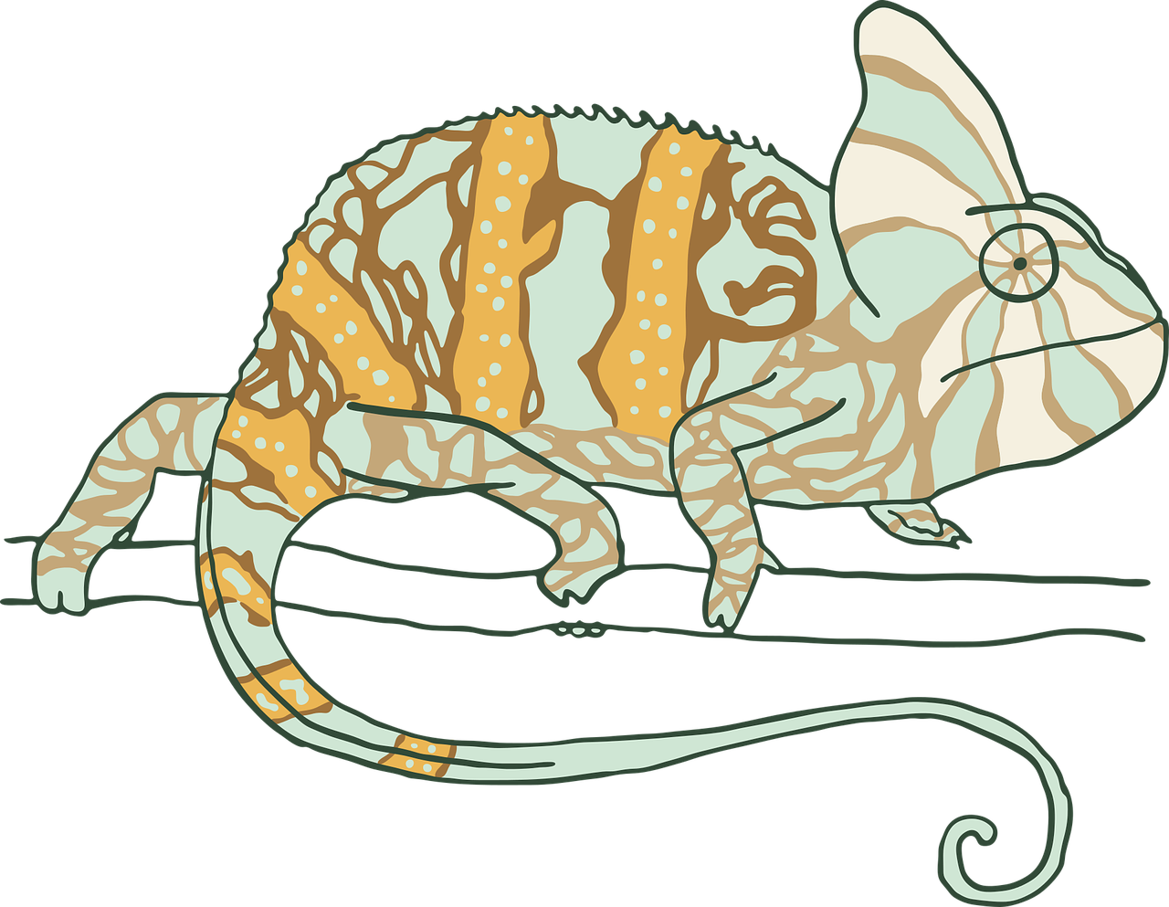 a drawing of a chamelon sitting on a branch, by Lisa Milroy, cg society contest winner, mingei, silk screen t-shirt design 4k, sugar glider, brown and cyan color scheme, triceratops