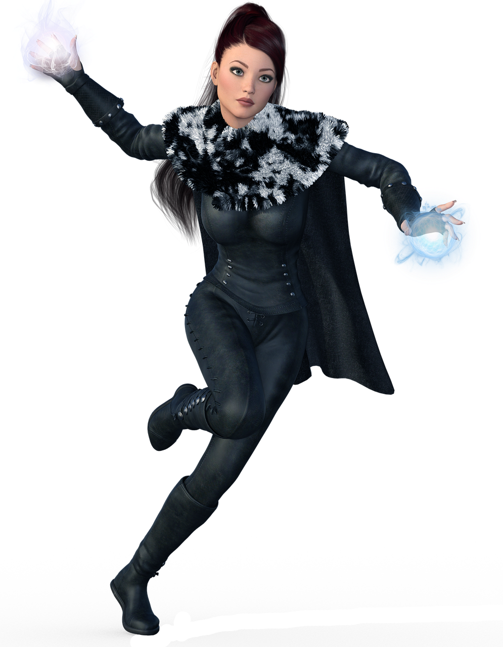 a woman flying through the air holding a frisbee, a character portrait, inspired by Valéria Dénes, zbrush central contest winner, black leather costume, holding a crystal ball, snow flurry, second life avatar