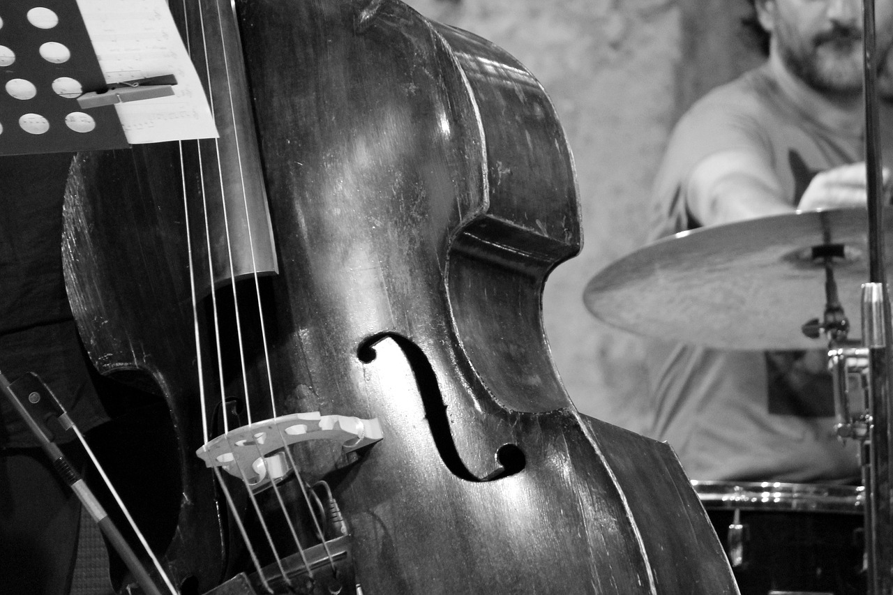 a black and white photo of a man playing a bass, flickr, sharp detail, 3 jazz musicians, taken with a pentax k1000, pareidolia