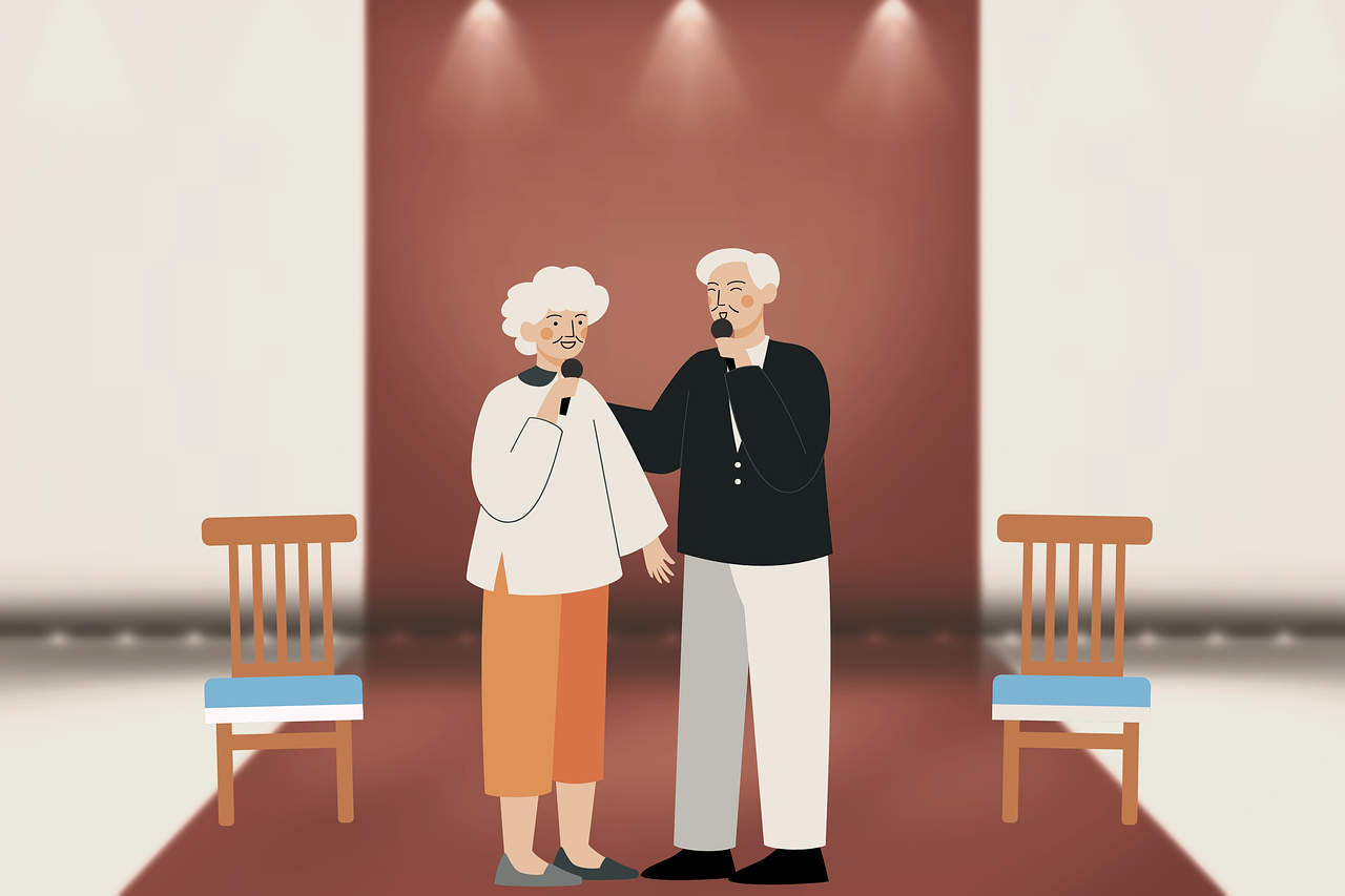 a couple of elderly people standing next to each other, a digital painting, by senior artist, conceptual art, singing for you, cut-scene, wikihow illustration, in the museum