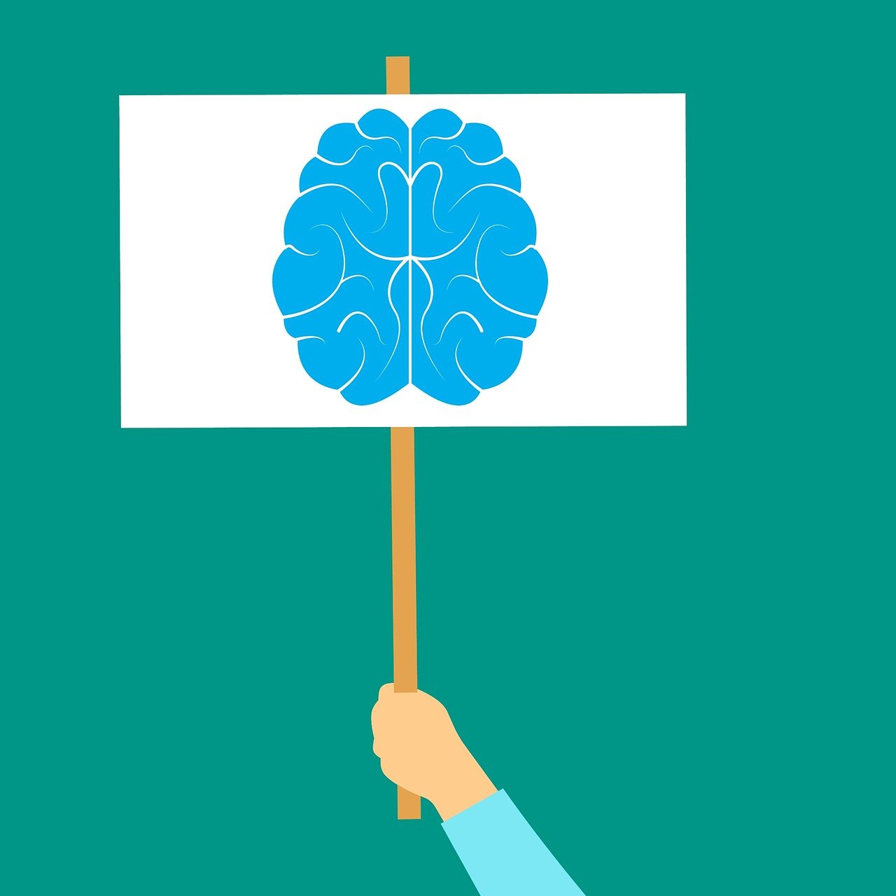 a person holding a sign with a brain on it, an illustration of, by Andrei Kolkoutine, shutterstock, conceptual art, flag, flat color, half body photo, cyan