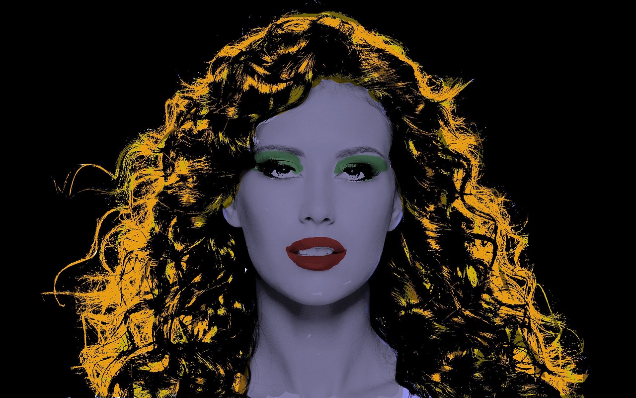 a close up of a woman with long curly hair, inspired by Galen Dara, flickr, pop art, bella thorne, highly contrasted colors, beckinsale, lipstick