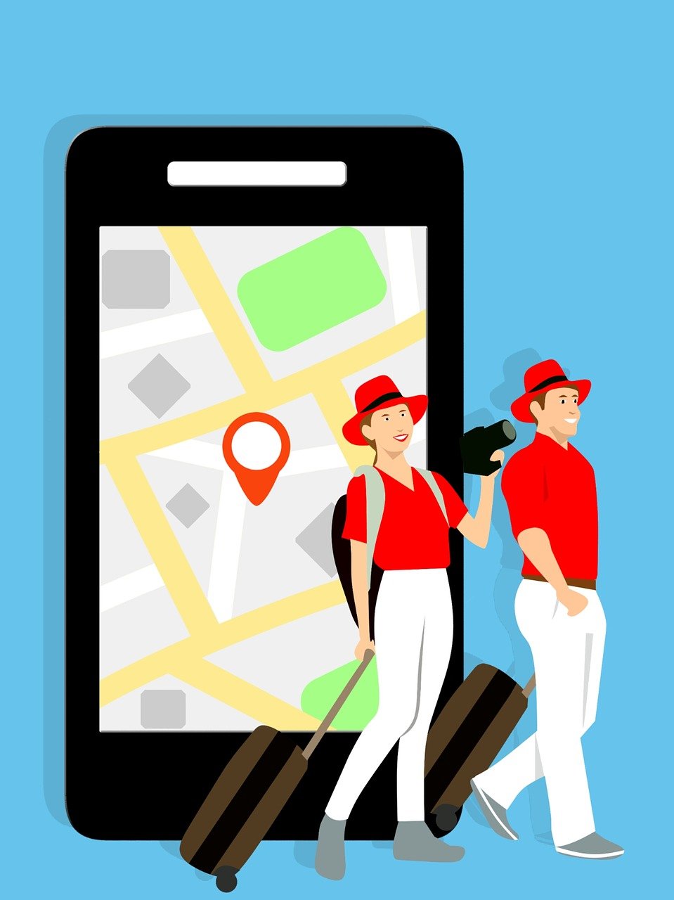 a couple of people that are standing in front of a phone, an illustration of, shutterstock, red cap, touring, smooth illustration, very accurate photo