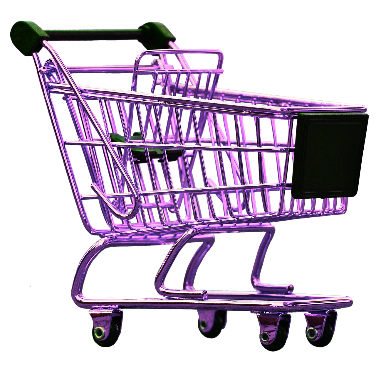 a purple shopping cart on a black background, a digital rendering, by Tom Carapic, realism, edited, exquisite detail, viewed from far away, black light