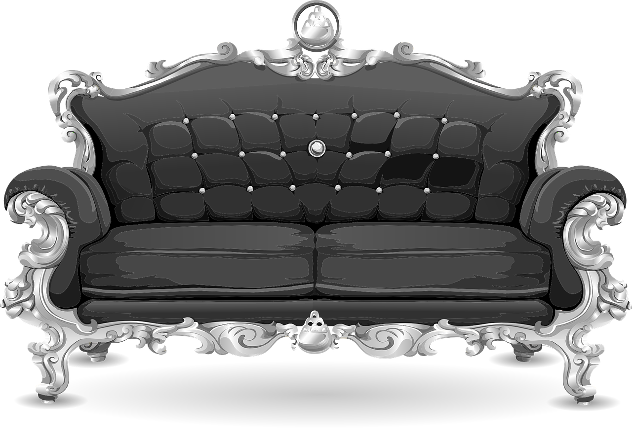 a black and silver couch sitting on top of a table, a cartoon, trending on pixabay, baroque, in style of ultra high detail, monochrome color, watch photo, gaudy
