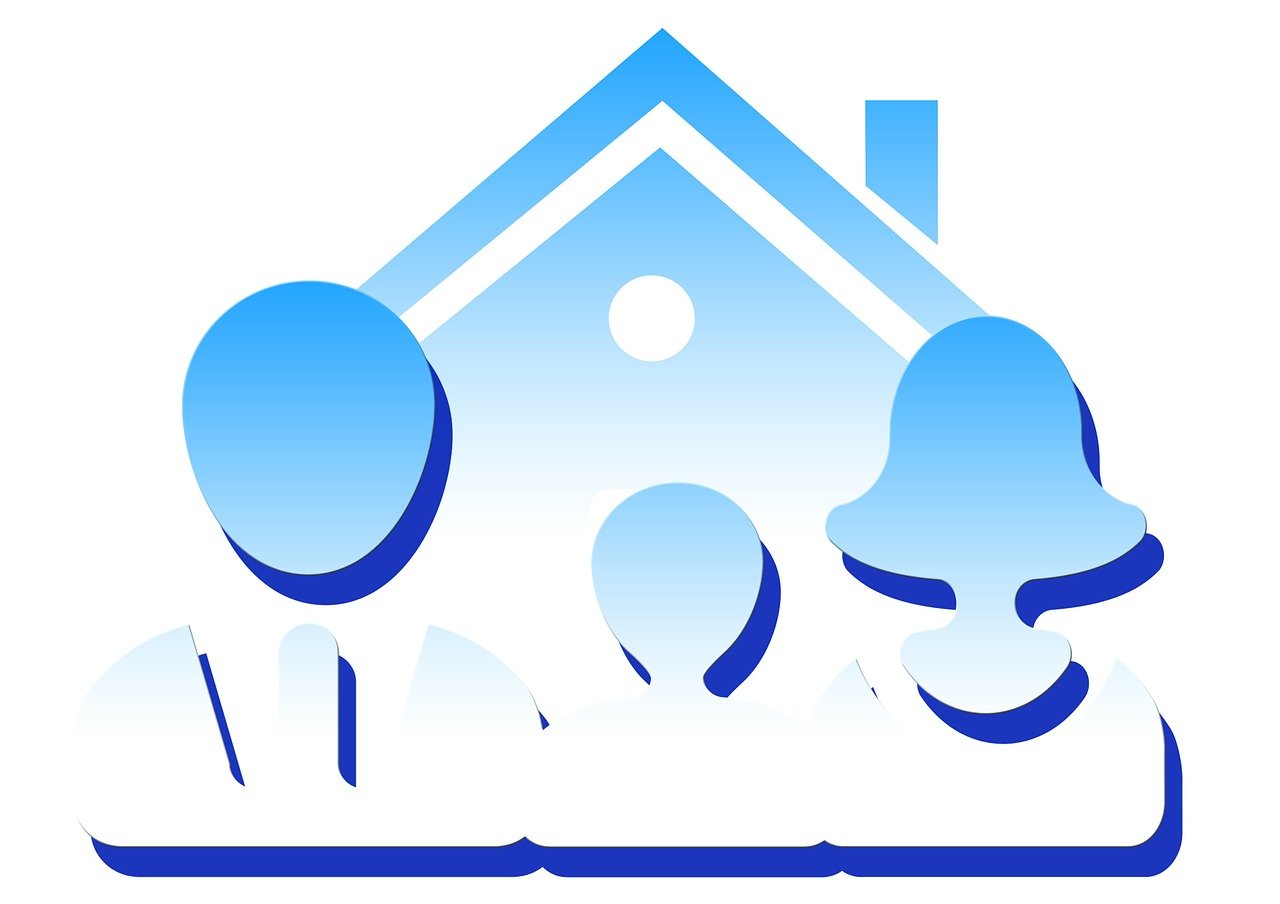 a group of people standing in front of a house, pixabay, mingei, infographics. logo. blue, nursing home, clean cel shaded, けもの