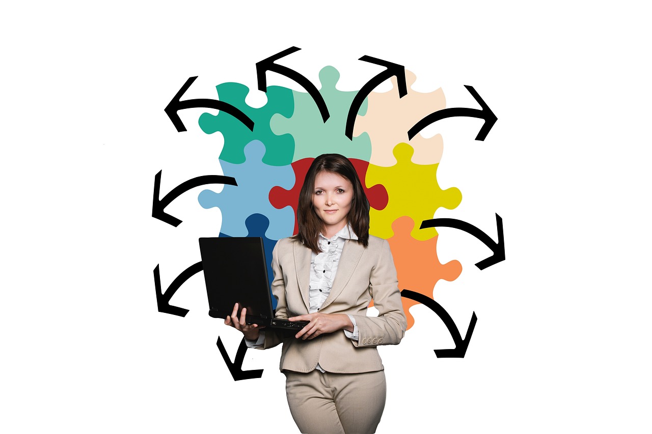 a woman in a business suit holding a laptop, a photo, computer art, puzzle, rotating, platforms, colored photo