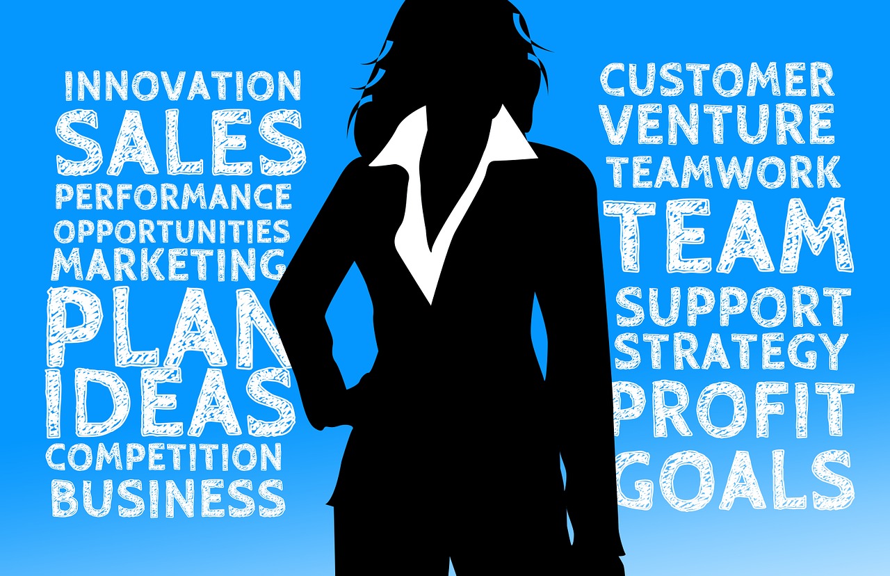 a silhouette of a woman in a business suit, by Jeanna bauck, trending on pixabay, digital art, words, teams, with a blue background, adventurous