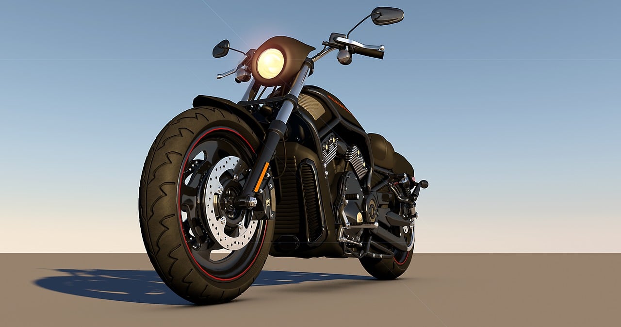 a motorcycle parked in front of a blue sky, a 3D render, pixabay, photorealism, 3 d render even lit, harley davidson motorbike, super detailed image, octane render - t