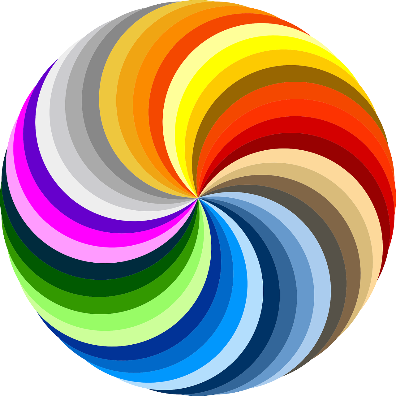 a multicolored circular object on a white background, a picture, colorful palette illustration, whirlwind, no gradients, 6 colors
