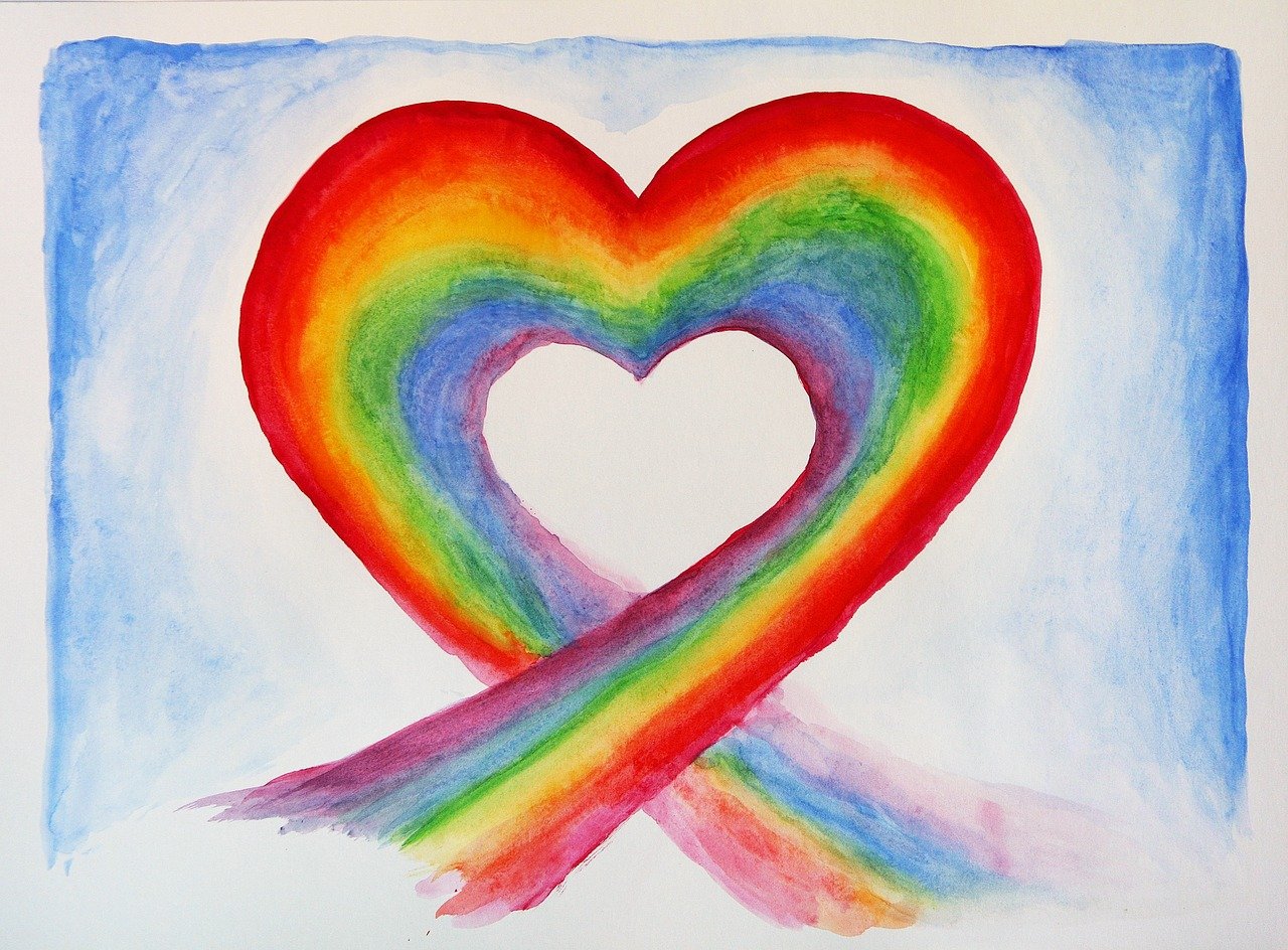 a painting of a rainbow ribbon in the shape of a heart, a watercolor painting, flickr, richard amsel, stained”