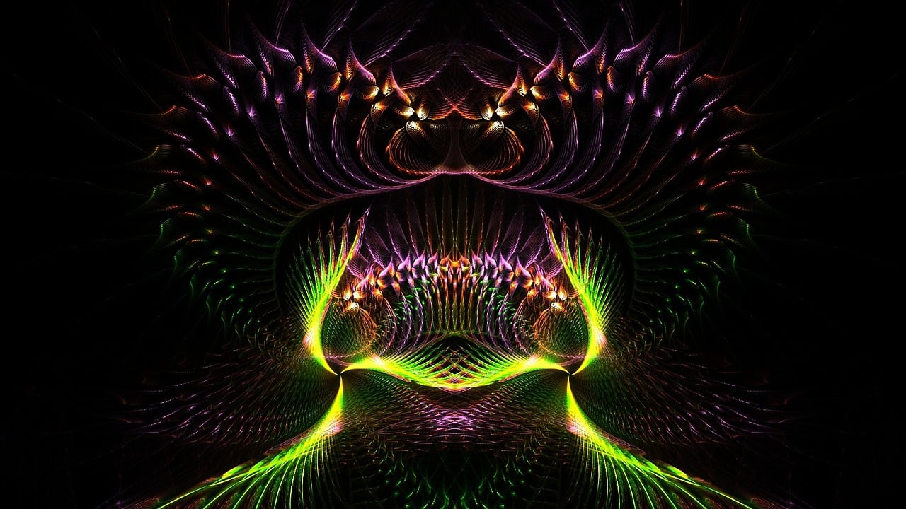 a computer generated image of a woman's face, by Daniel Chodowiecki, tumblr, psychedelic art, glowing owls, infinite fractal mandala tunnel, gold green and purple colors”, psychedelic frog