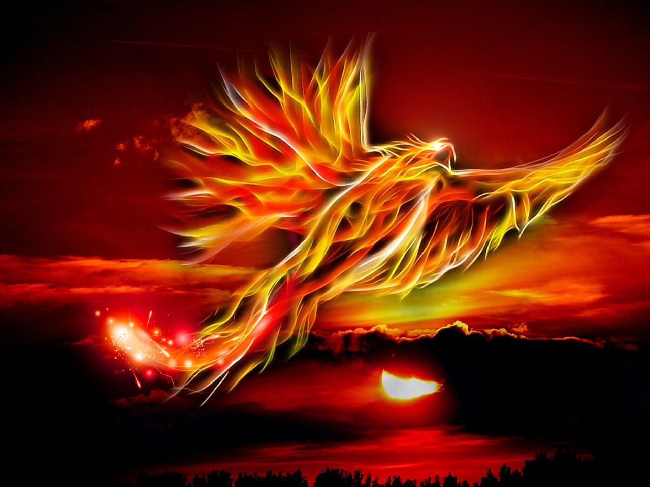 a painting of a bird flying in the sky, digital art, by Eugeniusz Zak, tumblr, digital art, phoenix in fire, (fire), fire beam, red and orange colored