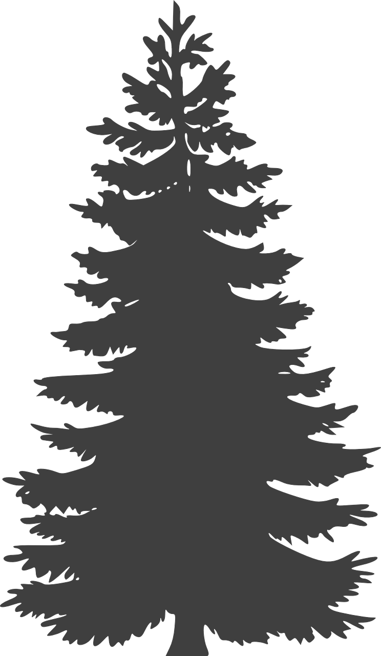 a black and white image of a pine tree, a raytraced image, inspired by Slava Raškaj, reddit, black backround. inkscape, top half of body, christmas, trimmed with a white stripe