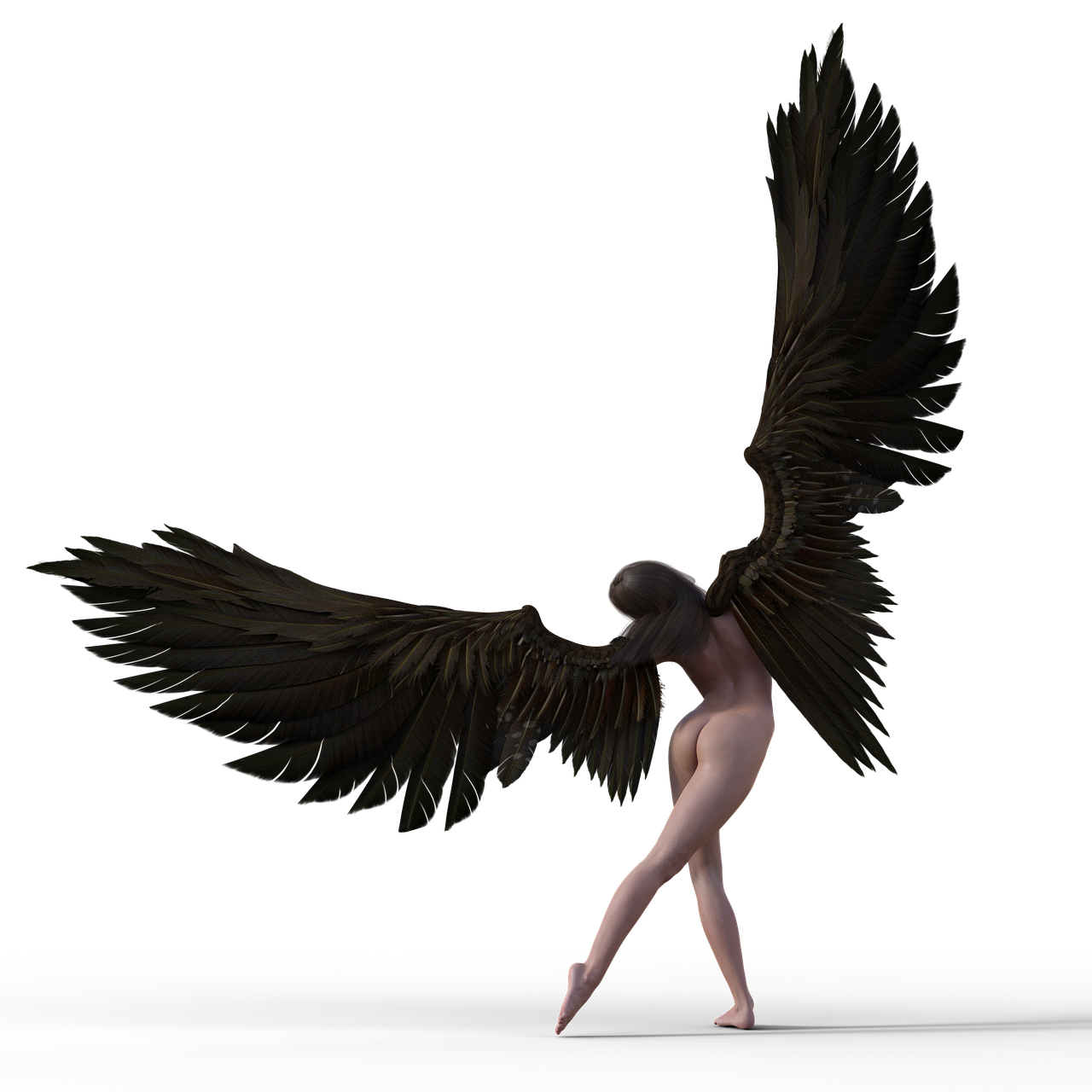 an image of a woman with wings in the air, a 3D render, inspired by Roberto Ferri, dark black porcelain skin, fullbody view, bird legs, 3d render of a man's body