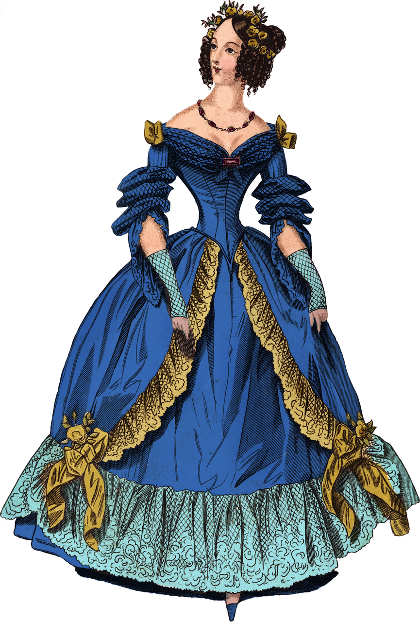 a drawing of a woman in a blue dress, a digital rendering, inspired by Édouard Detaille, flickr, gustave dore style, coloured woodcut, blue gloves, maximalist fashion dress