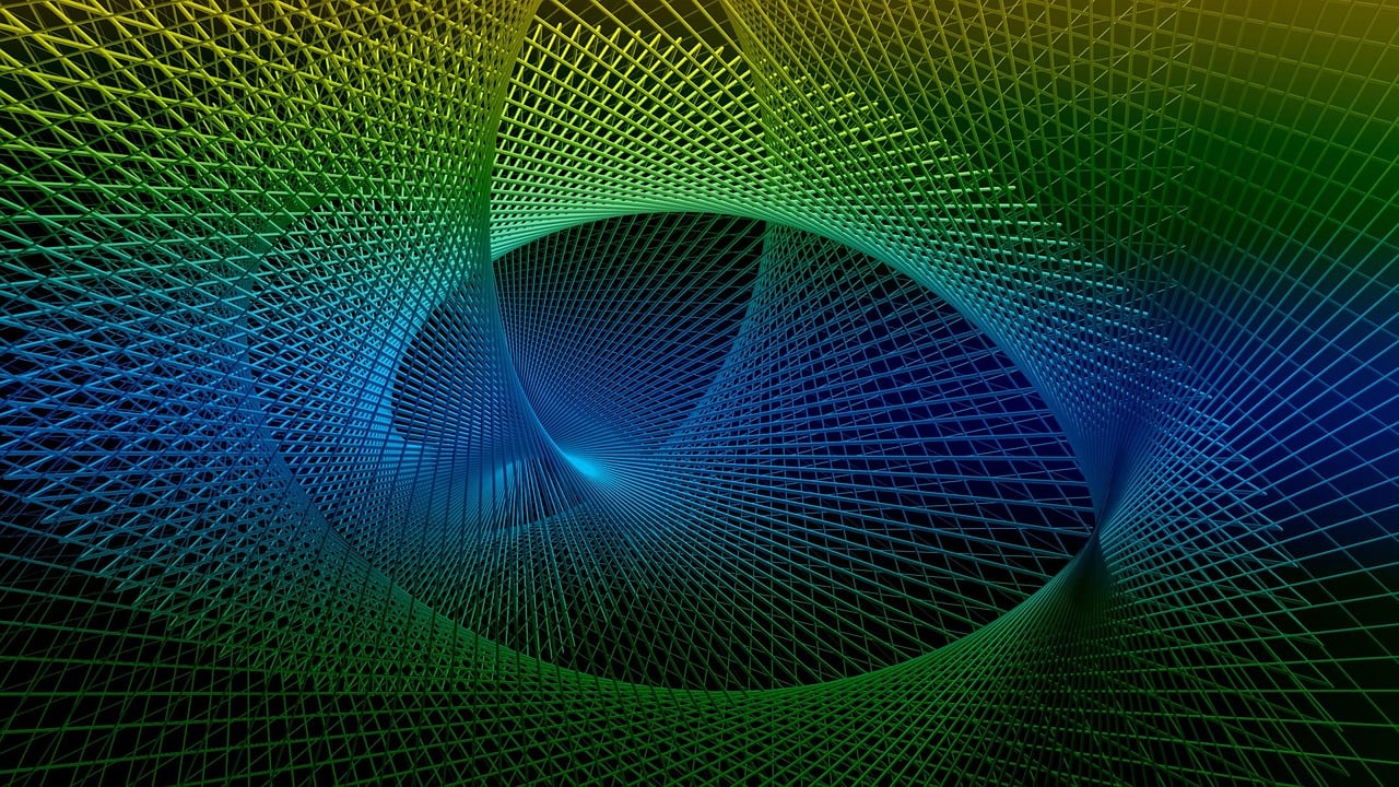 a computer generated image of a spiral, a raytraced image, inspired by Lorentz Frölich, shutterstock, abstract illusionism, detailed grid as background, some yellow green and blue, intricate dark background, half textured half wireframe