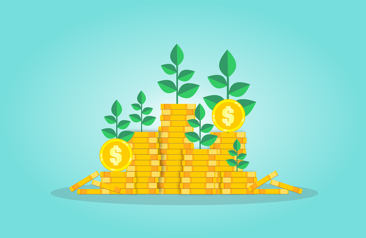 a pile of coins with a plant growing out of it, trending on pixabay, conceptual art, flat vector, golden towers, a beautiful artwork illustration, cartoon style illustration