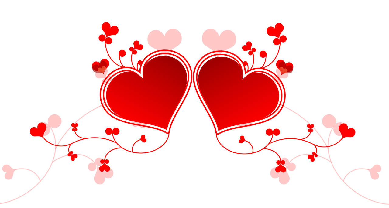 a couple of red hearts sitting next to each other, a digital rendering, romanticism, with black vines, on a flat color black background, mirrored, clover