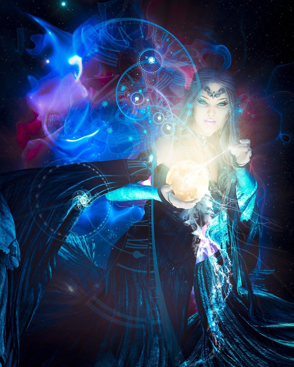 a woman holding a glowing orb in her hands, fantasy art, with black. magic powers, a beautiful female wizard, wearing psychedelic wicca, astral background