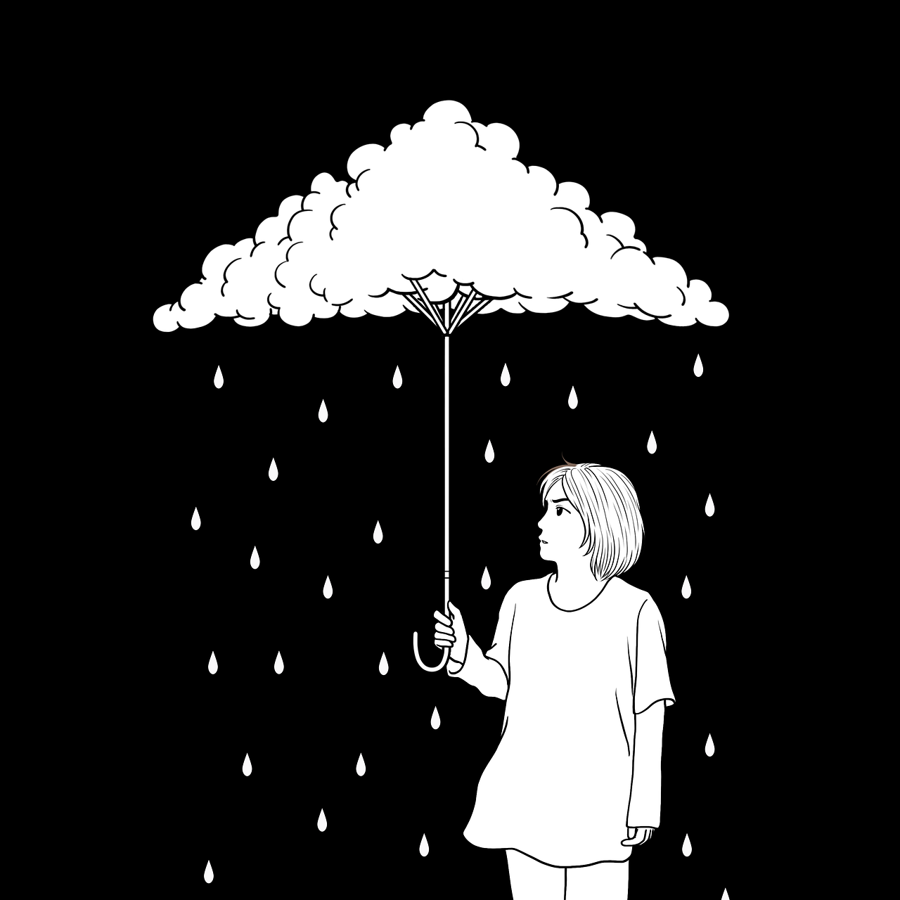 a woman holding an umbrella in the rain, an ink drawing, by Fathi Hassan, unsplash, conceptual art, the sky is black, the artist is charles burns, as an air balloon, vector line - art style