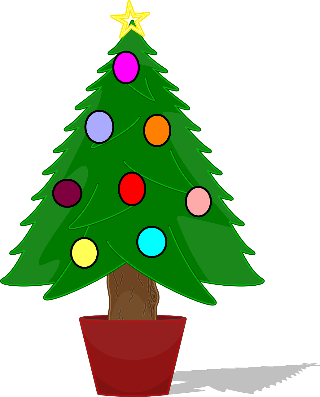 a christmas tree with a star on top, an illustration of, naive art, shoulder level shot, the background is black, large potted plant, colorful image