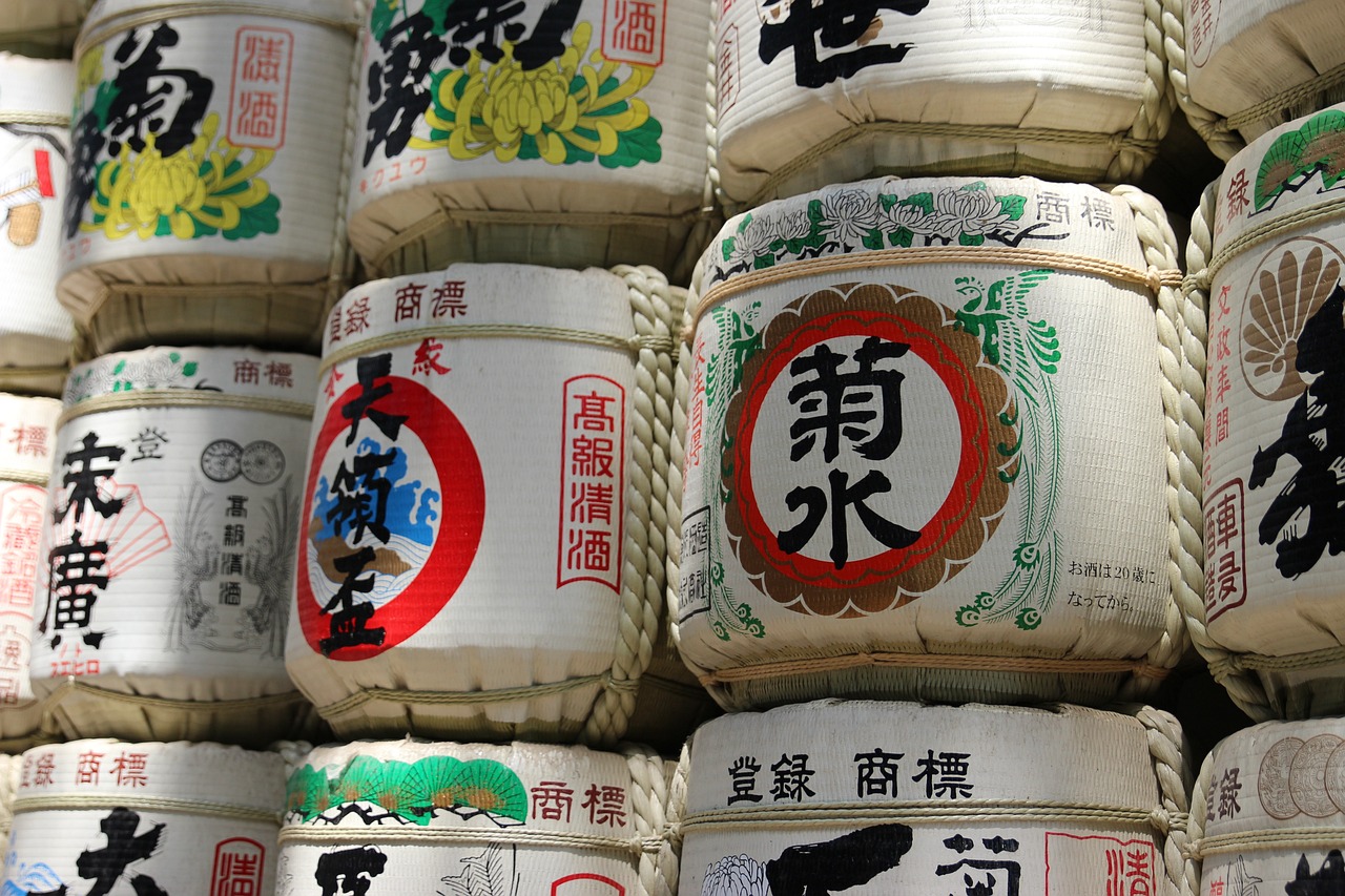 a bunch of buckets with asian writing on them, a picture, by Gatōken Shunshi, shutterstock, shin hanga, barrels, cotton, very detailed picture, set photo