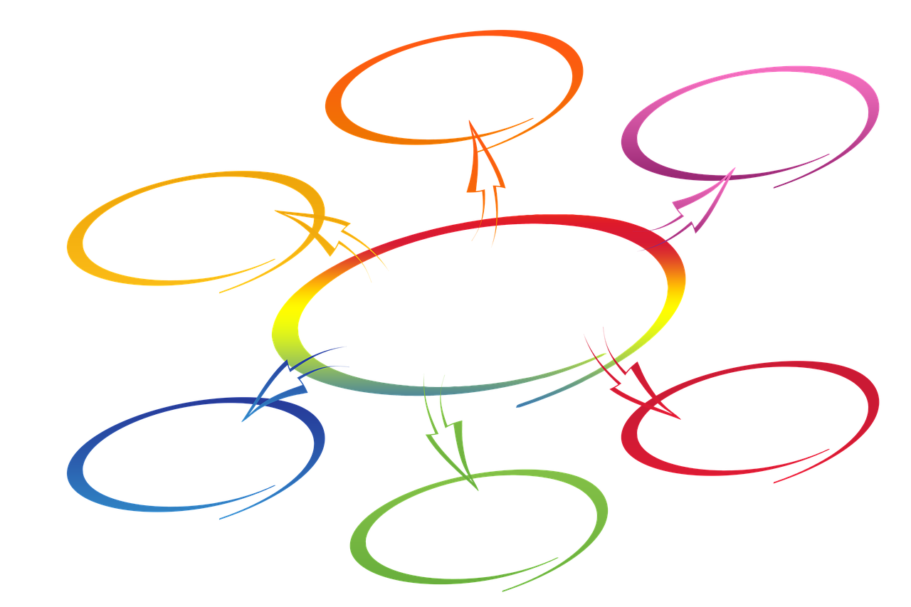 a group of different colored circles on a black background, by Susan Heidi, synchromism, arrows, hidrologic cycle, connecting lines, colored illustration