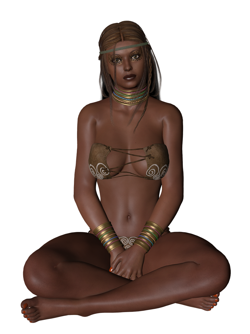 a woman in a bikini sitting on the ground, a 3D render, inspired by Nyuju Stumpy Brown, afrofuturism, (((mad))) elf princess, sitting with wrists together, indian girl with brown skin, human :: sorceress