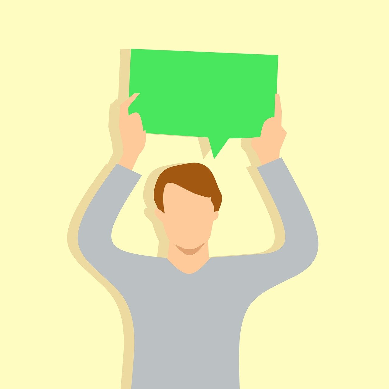 a man holding a green sign above his head, inspired by Emiliano Ponzi, shutterstock, telegram sticker design, flat cel shaded, talking, simple and clean illustration