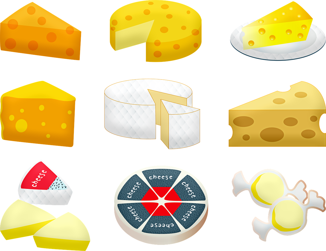 a bunch of different types of cheese on a black background, by Julian Hatton, trending on pixabay, pop art, icon pack, nine separated hd, game icon asset, taj mahal made of cheese