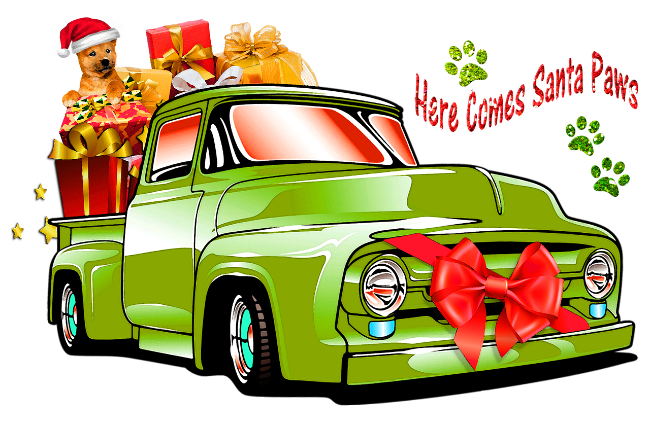 a green truck with a bunch of presents in the back, a digital rendering, by Arnie Swekel, pop art, car trading game, banner, four legged, 15081959 21121991 01012000 4k