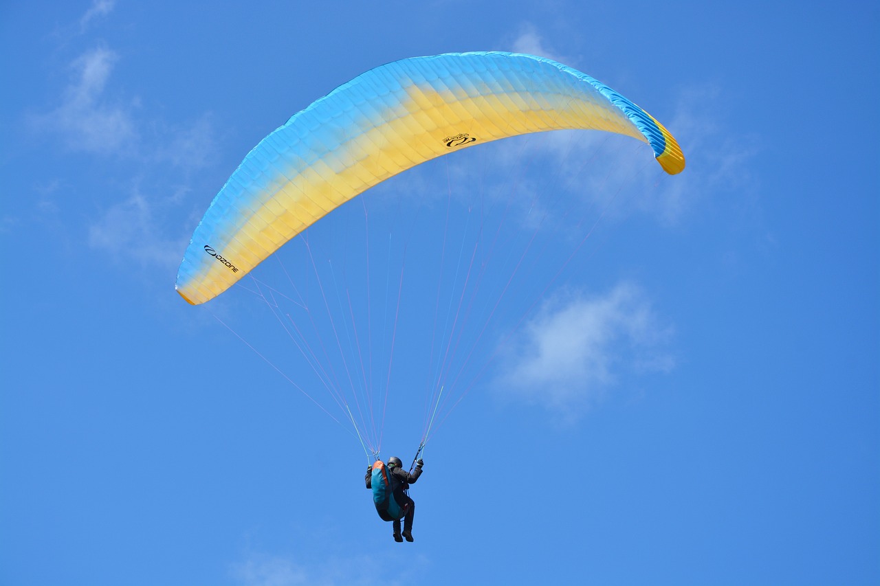 a person that is in the air with a parachute, by David Burton-Richardson, flickr, hurufiyya, blue and yellow fauna, gliding, azure blue sky, 24 35 mm