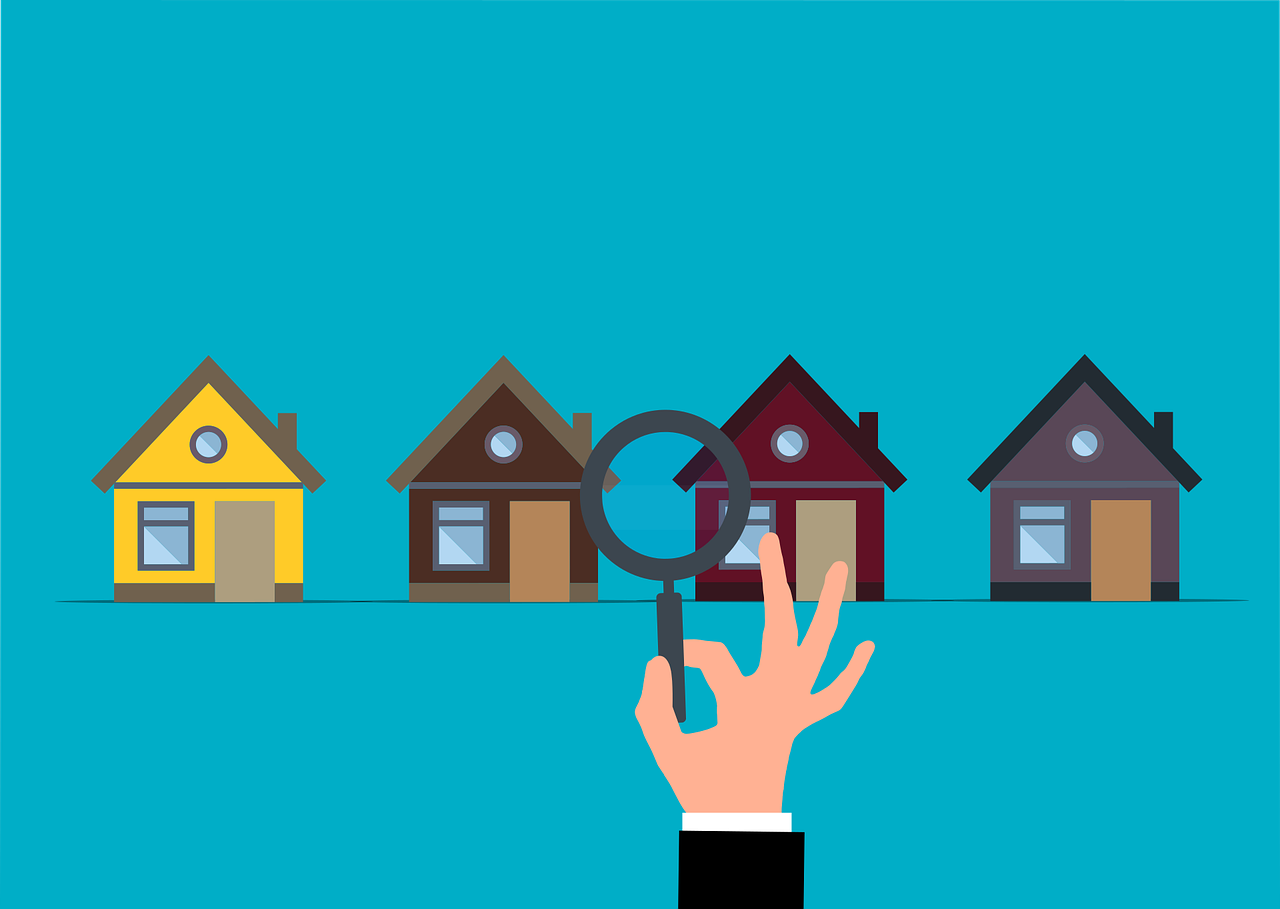 a hand holding a magnifying lou lou lou lou lou lou lou lou lou lou lou lou lou lou lou lou lou lou lou lou lou, an illustration of, by Barron Storey, shutterstock, sharp focus on houses, flat vector, people looking at a house, thumbnail
