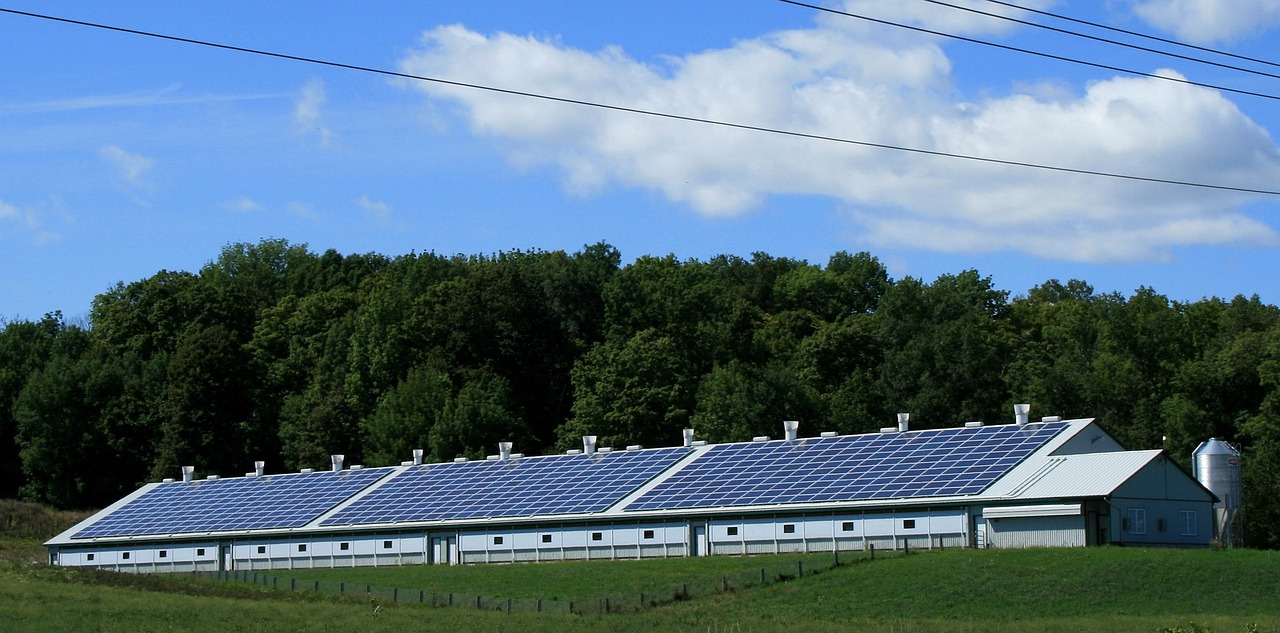 a farm with solar panels on the roof, a photo, by Carey Morris, pixabay, white panels, shade, wikimedia commons, blue