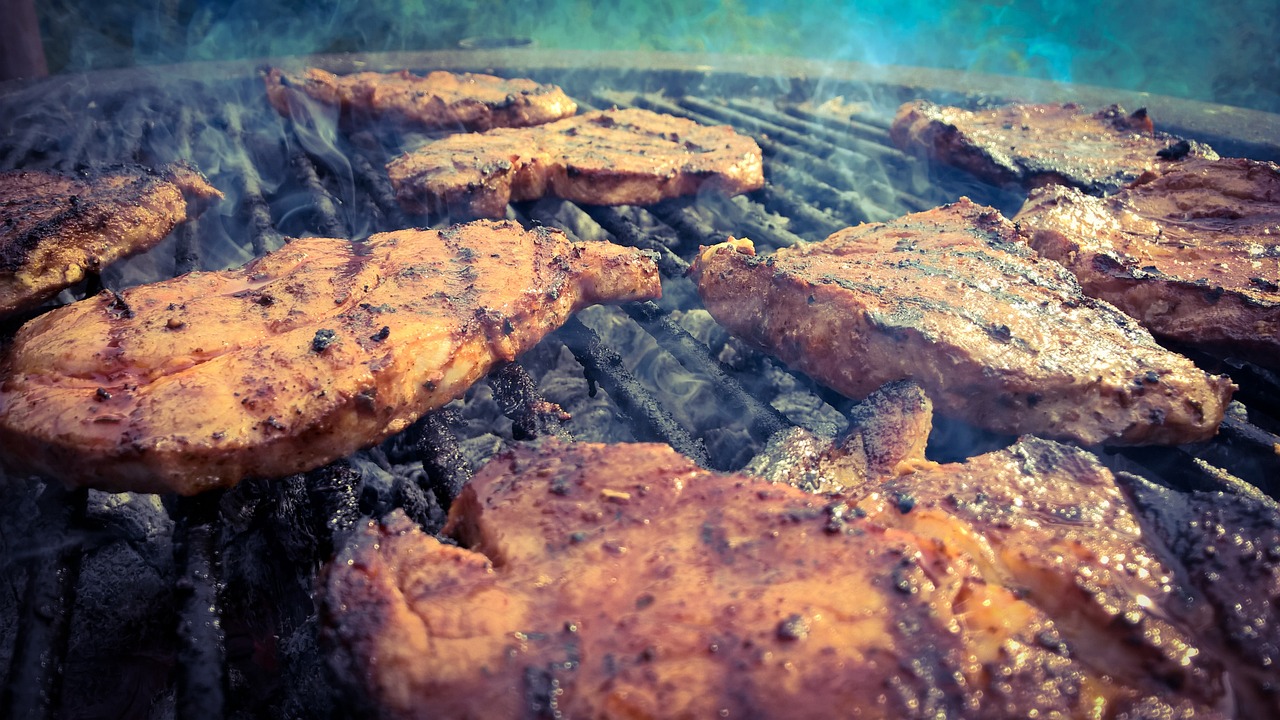 a close up of meat cooking on a grill, a photo, by Joe Bowler, ((oversaturated)), smokey background, summer day, lowres