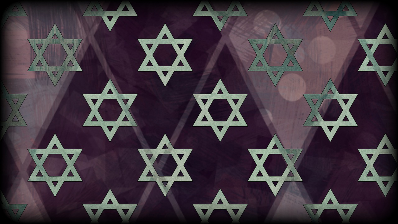 a star of david pattern on a purple background, a digital rendering, inspired by Israel Tsvaygenbaum, featured on pixabay, symbolism, glass texture, dark flower pattern wallpaper, detalized new york background, iphone photo
