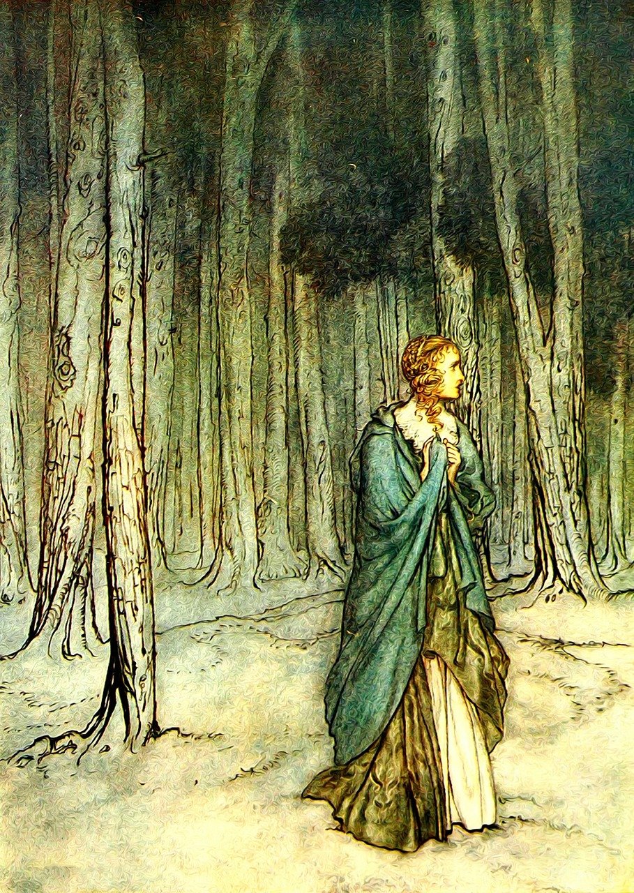 a painting of a woman walking through a forest, a storybook illustration, by Arthur Rackham, symbolism, wintry rumpelstiltskin, gaston bussiere. blond braid, dressed in a green robe, style of alan lee and john howe