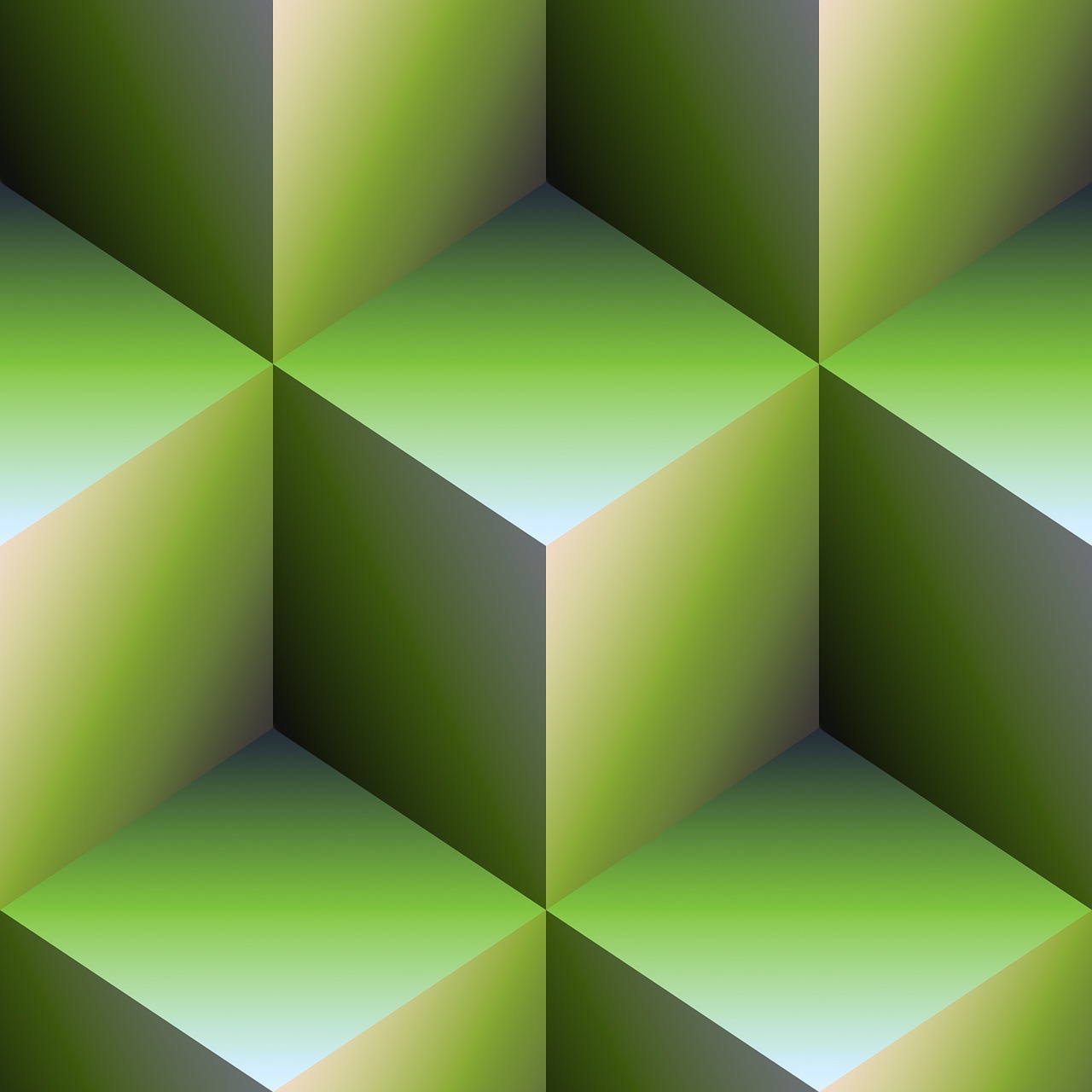 a close up of a pattern of cubes, a digital rendering, inspired by Victor Vasarely, abstract illusionism, verdant gradient, symmetry illustration, realistically detailed shading, 3 d vector