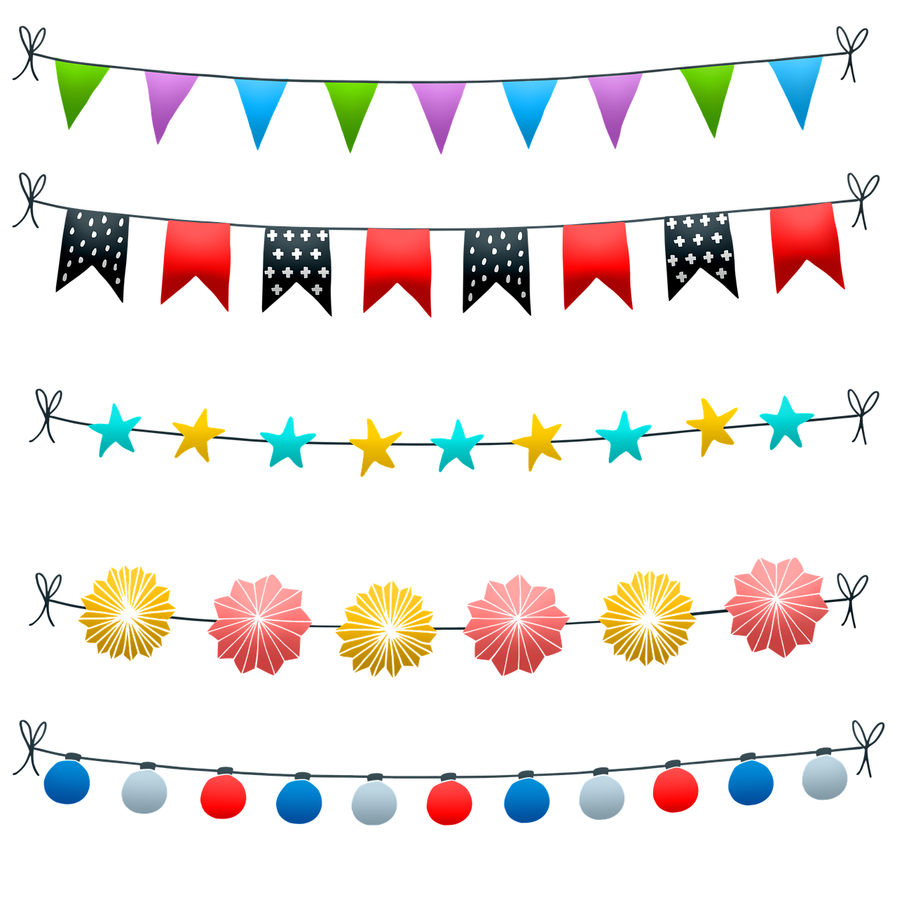 a bunch of flags and garlands on a black background, vector art, sōsaku hanga, industrial party, ribbons and flowers, high detail illustration, star