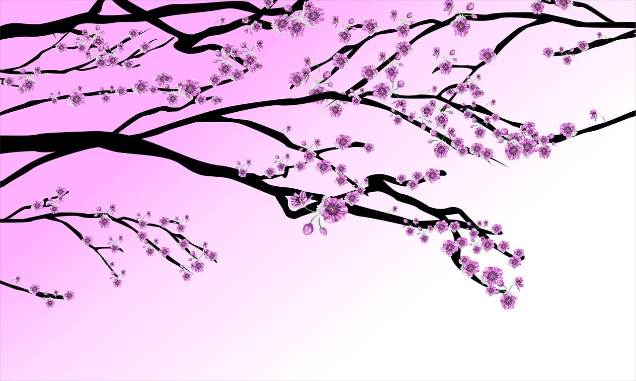 a couple of birds sitting on a branch of a tree, an illustration of, trending on pixabay, sōsaku hanga, vortex of plum petals, petal pink gradient scheme, branches composition abstract, view from bottom to top