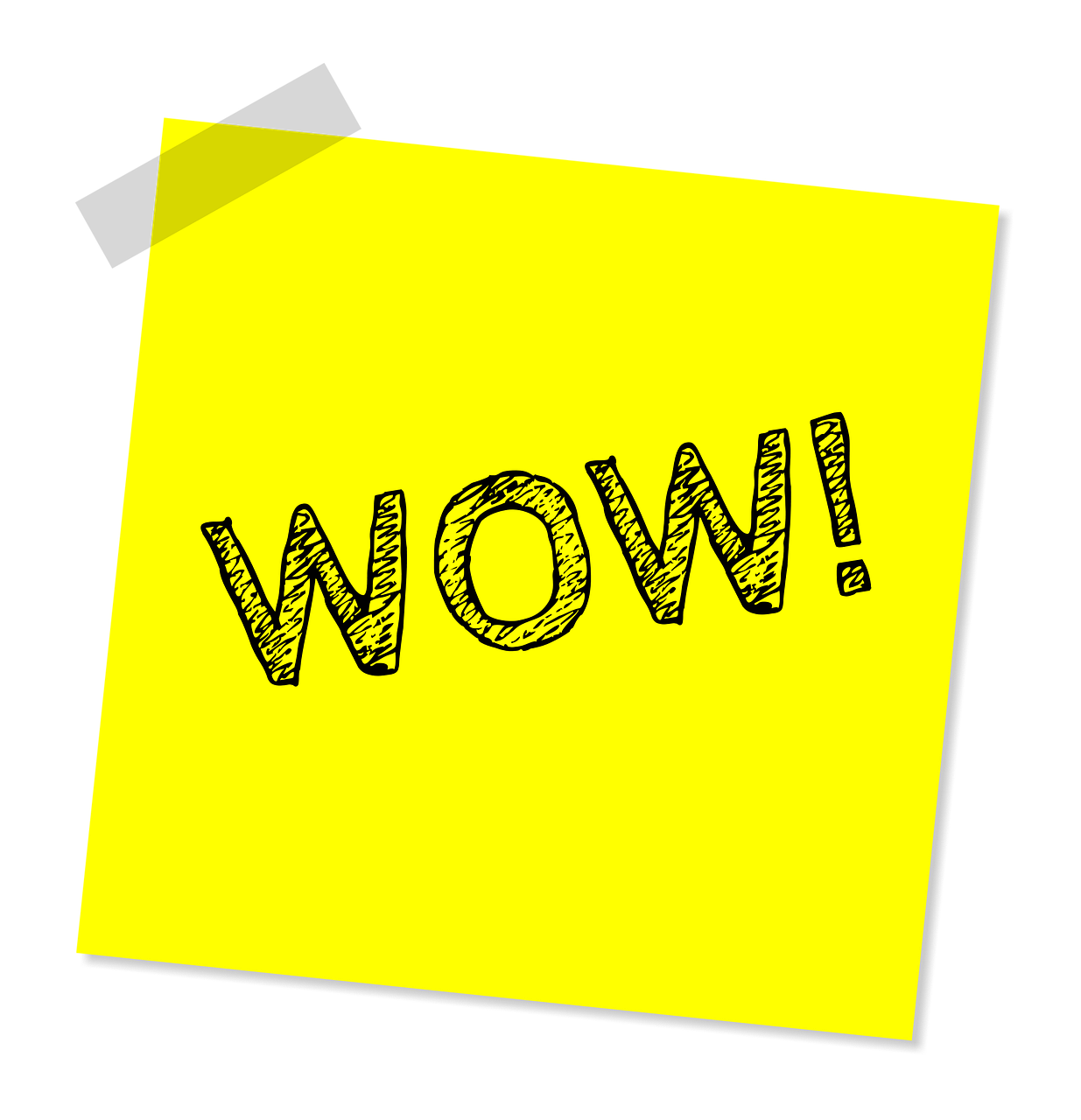 a yellow post it with the word wow written on it, by artist, pixabay, !!! very coherent!!! vector art, excitement, it is glowing, wikihow illustration