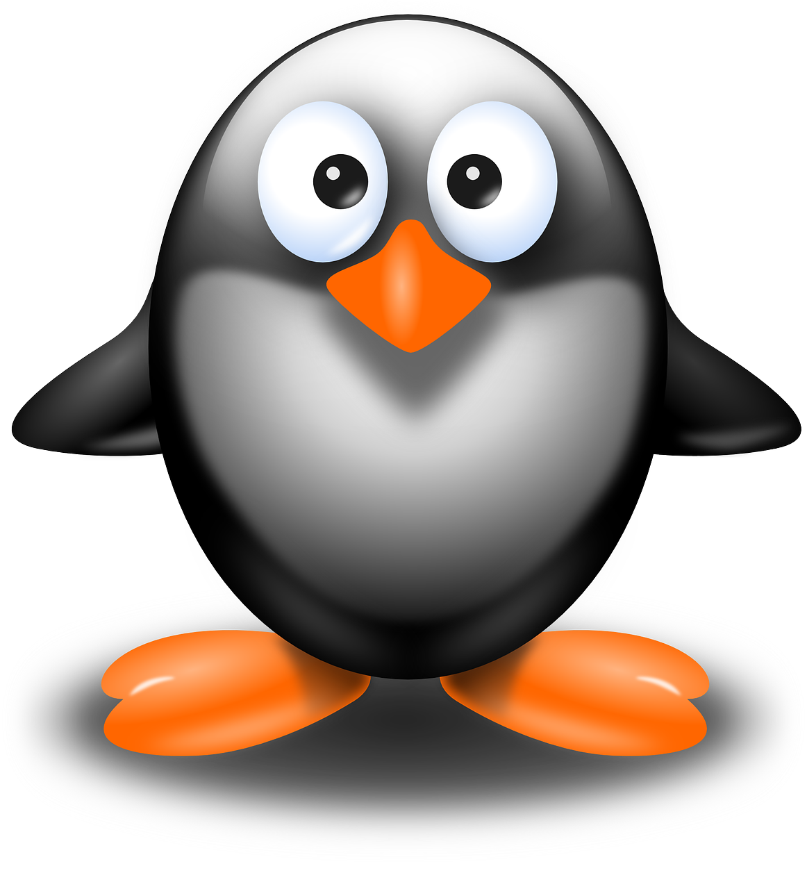 a black and white penguin with orange feet, an illustration of, computer art, shiny silver, cross-eyed, screensaver, round
