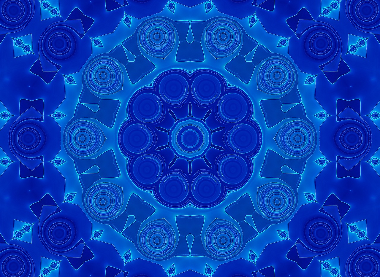 a close up of a circular design on a blue background, digital art, inspired by Benoit B. Mandelbrot, blue lamps on the ceiling, kaleidoscope of machine guns, carved from sapphire stone, futuristic psychedelic hippy