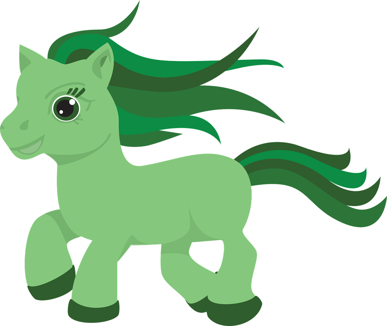 a green pony with a long mane, inspired by Masamitsu Ōta, trending on deviantart, hurufiyya, flash animation, green and black color scheme, aubrey powell, 4yr old