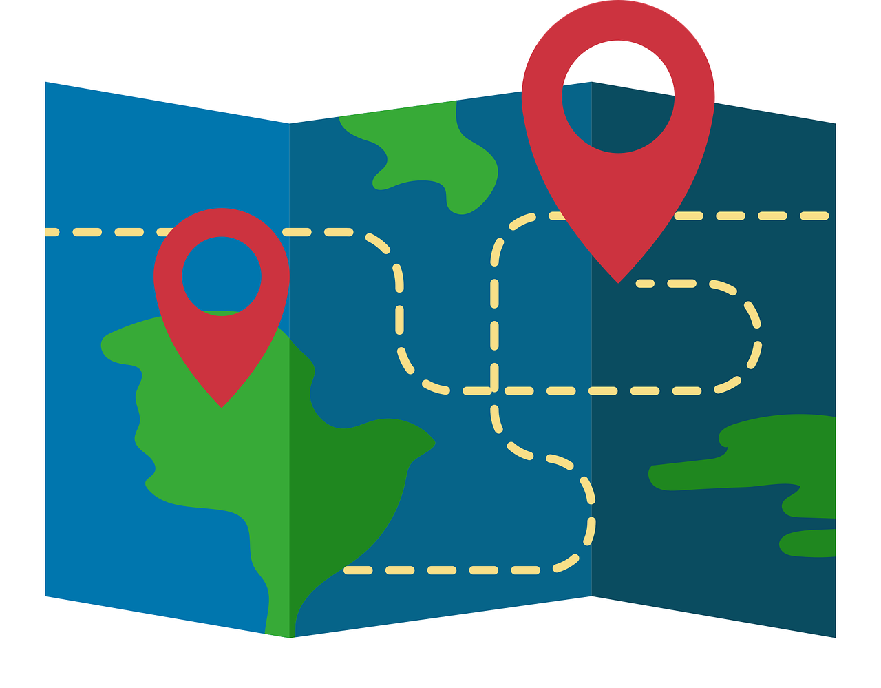 a map with a pin in the middle of it, an illustration of, shutterstock, flat color, simple path traced, several continents, looking this way