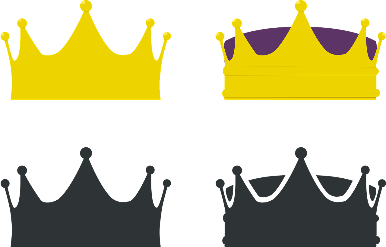 four different colored crowns on a black background, inspired by karlkka, polycount, digital art, yellow purple, discord profile picture, poor quality, silhouettes